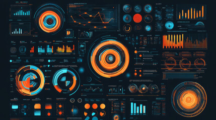 explore futuristic hud with sci-fi data visualization in digital dashboard design featuring cyberpunk ui elements and circular data displays with orange and teal interactive technology graphics