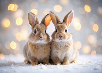 Obraz premium Tilt-Shift Photography: Adorable Rabbits, Miniature World, White Background, Cute Bunnies, Diorama Effect