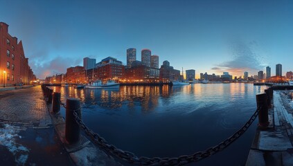 Naklejka premium Serene Early Morning View of Urban Waterfront with Reflecting Skyscrapers and Historic Buildings Against a Clear Blue Sky in Boston