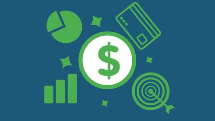 Financial business money concept banner design illustration background with icons, geometric shapes and vibrant colors.  Finance ideas composition greeting cards for social media presentation and ads