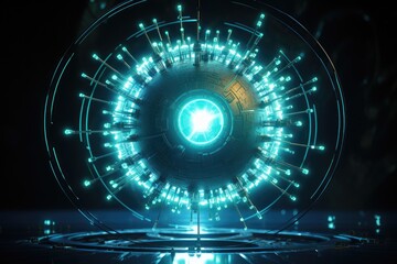 A cybernetic sphere with glowing nodes and intricate designs, illuminated in a dark environment, showcasing advanced technology and dynamic energy patterns