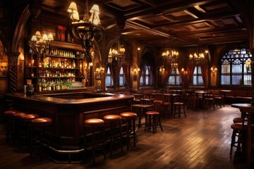 Welcoming old world pub featuring warm wood accents, dim lighting, and a cozy bar area inviting patrons to enjoy drinks in a rustic atmosphere