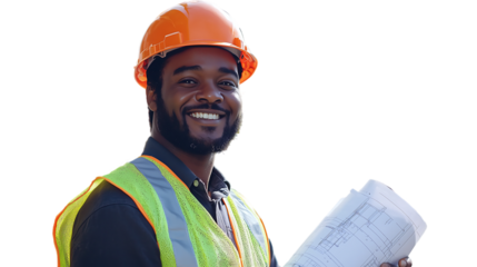 Smiling Black Construction Worker Holding Blueprint, Safety Helmet isolated on transparent background