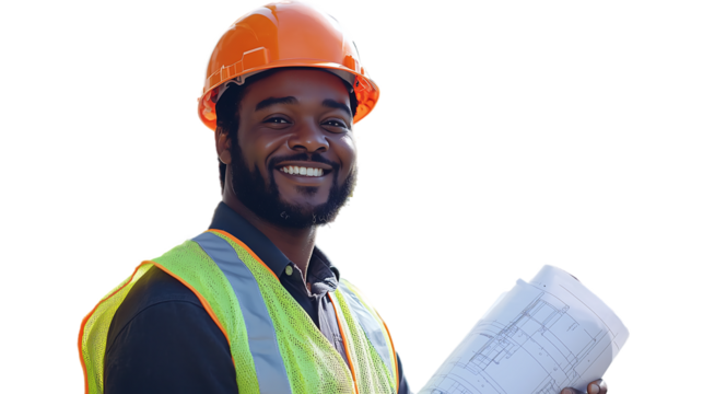 Smiling Black Construction Worker Holding Blueprint, Safety Helmet isolated on transparent background