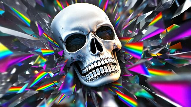 Colorful explosion of light and shards surrounding a skull creates a striking visual effect in a surreal representation