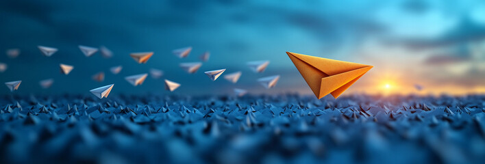 Ai generate dynamic paper airplanes soaring over ocean technology concept sunset viewpoint creative environment