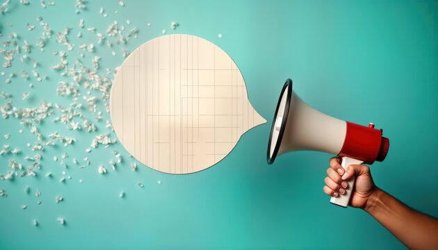 Hand holds megaphone. Empty speech bubble spreads fake news. Contemporary art collage style. Modern art piece. Creative concept. Media, communication information themes. Background mint green colour.