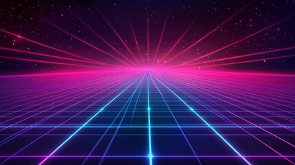 Retro-futuristic style background, reminiscent of 1980s sci-fi movies. The design features a four-dimensional rectangular tunnel with glowing grid lines on all sides that disappear into space.