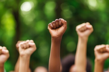 Fists raised in unity for equality during a peaceful gathering, symbolizing strength and resilience in the fight for justice, set in a natural environment filled with greenery