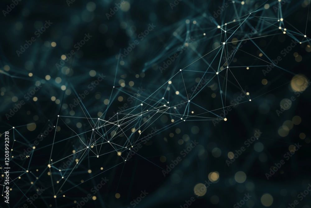 Poster exploring a complex digital network system with intricate interconnections and data flow in a virtua