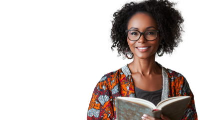 smiling Black woman with curly hair and glasses holds an open book wears orange and white patterned jacket isolated on transparent background