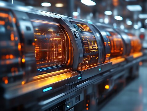 Futuristic server room with glowing displays.