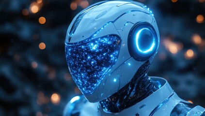 Futuristic Robot Character with Neon Lights in Cosmic Background Surreal Art