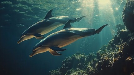 Obraz premium Playful Dolphins Swimming in Sunlit Underwater Seascape