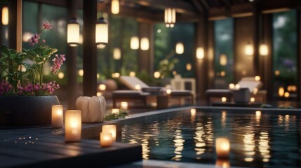 Relaxing evening retreat luxurious spa lounge tranquil oasis serene environment intimate perspective wellness concept