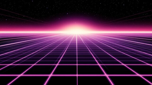 Retro-futuristic style background, reminiscent of 1980s sci-fi movies. The design features a four-dimensional rectangular tunnel with glowing grid lines on all sides that disappear into space.