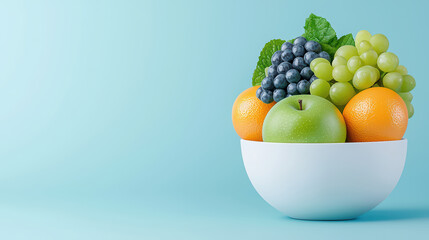 Fresh fruits in white bowl, including grapes, oranges, and apples