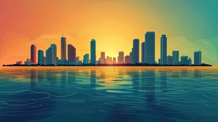 Obraz premium Vibrant Coastal Cityscape With Skyscrapers Reflecting in Water During Sunset