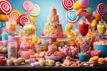 Naklejka premium A vibrant party table filled with colorful sweets, candies, cupcakes, and a cake tower, perfect for celebration during a joyful gathering with friends and family