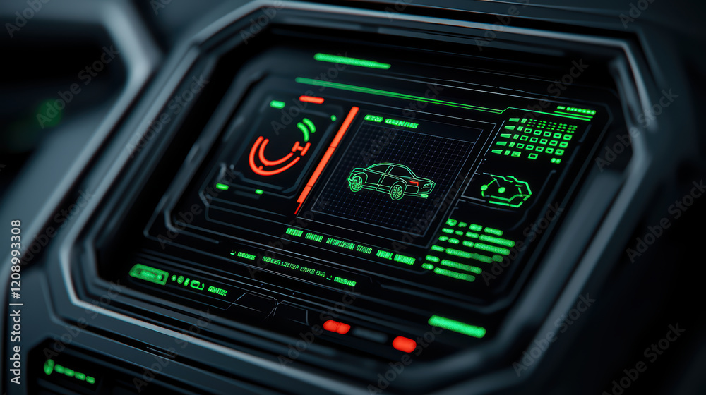 Poster close up of autonomous vehicle interface displaying data and graphics