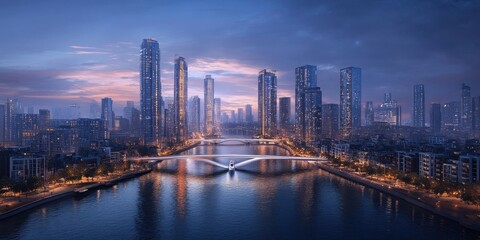Fototapeta premium Serene Twilight Over a Modern Skyline: Reflections on Water's Surface Enhance the Architectural Beauty of Tall Buildings and Bridges in an Urban Landscape