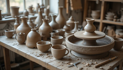 Handcrafted Clay Pottery on a Rustic Wooden Table in an Artisan's Well-lit Workshop Filled with Unfinished Pieces