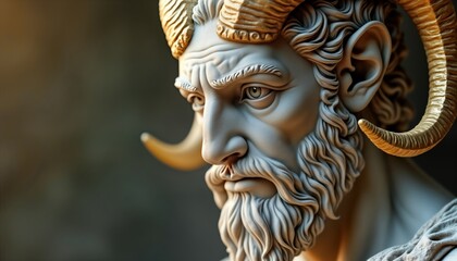 Detailed close-up view of satyr statue. Ancient Greek mythological figure sculpted in marble. Detailed face features, flowing beard. Statue presents traditional ancient artistic style. Intricate