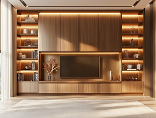 Minimalist Interior with Wooden Cabinet and Blank Wall: 3D Rendering for Design Mockup