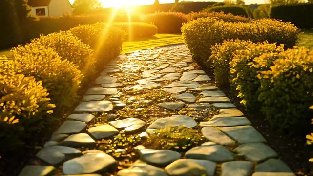 Slow pan video reveals pathway of irregular flagstones bordered by golden sedum, warm golden hour lighting highlights texture of the stone and vibrant color of plants