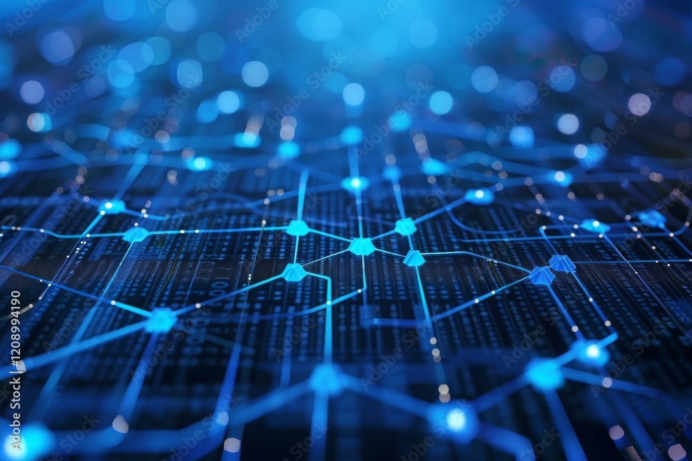Poster big data flow with interconnected nodes and blue lights visualizing blockchain technology in a moder
