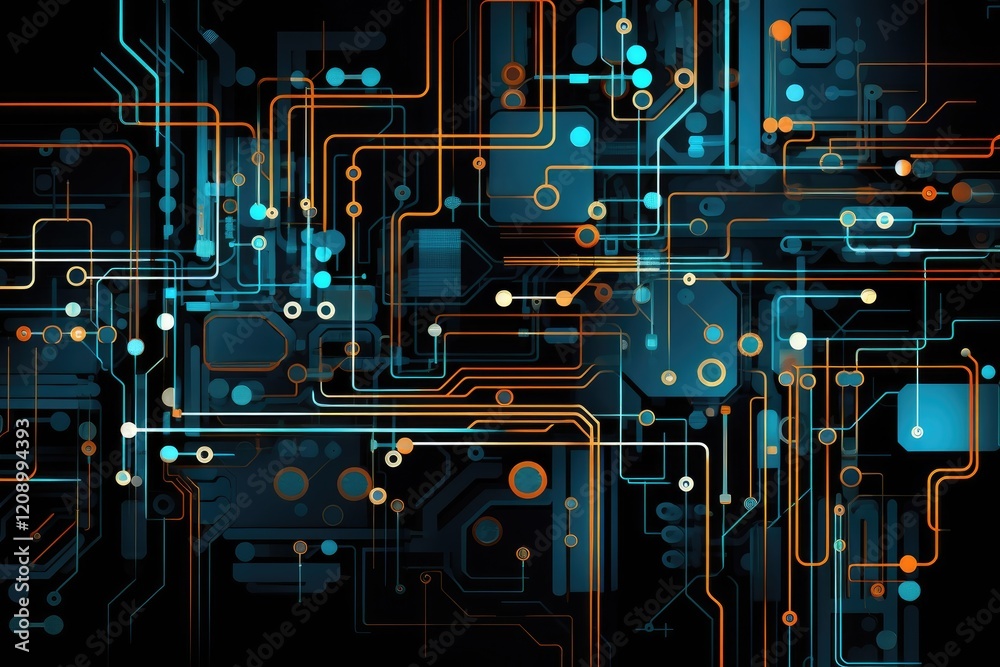 Poster an abstract design featuring interconnected circuits illuminated in vibrant colors, creating a visua