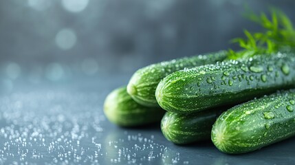 Fresh, dewy cucumbers on dark surface with dill.