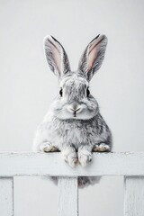 Obraz premium Curious rabbit with soft fur and long ears sitting on a white background ready to hop