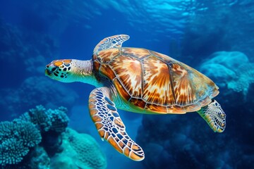 Fototapeta premium A hawksbill turtle gracefully swims through the vibrant depths of a tropical sea, showcasing its colorful shell and intricate patterns among the coral reefs