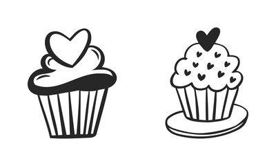 Cute Black and White cupcake icon set with Hearts for Design of Valentine day
