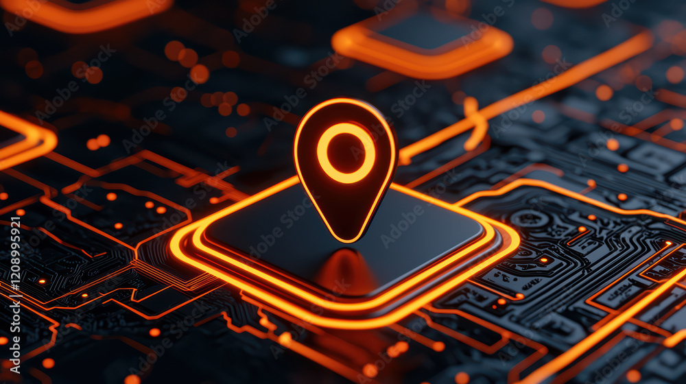 Poster dynamic map design with glowing location pin on circuit board