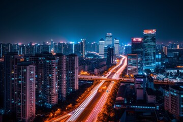 Fototapeta premium Nighttime cityscape showcasing vibrant buildings and illuminated roads in Beijing, revealing the dynamic urban life and brightness of the metropolis after sunset