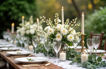 Rustic wedding reception table setting outdoors. Elegant table decor with white flowers, candles. Fresh spring flowers like apple cherry in bloom. Eco friendly, zero waste trendy style. Sustainable,