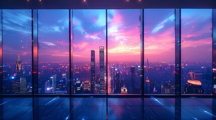 Cosmopolitan Cityscape in Twilight. Dramatic skyline punctuated by illuminated skyscrapers in a magical atmosphere.