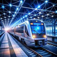 Naklejka premium Futuristic High-Speed Train at Night Station Platform