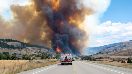 A fire truck approaches a massive wildfire, with dark smoke billowing into the sky over a rural landscape, showcasing the urgency of firefighting efforts.