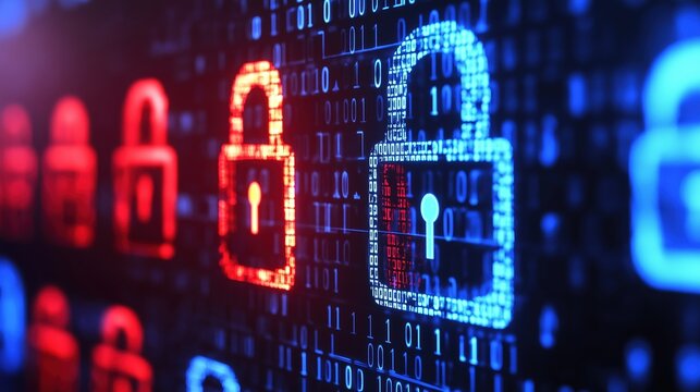 Illustration of digital data protection. Closed lock symbols in blue and red colors.