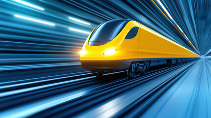 Obraz premium Fast yellow train in motion on futuristic tracks, showcasing speed and technology