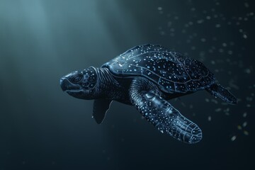 Fototapeta premium A leatherback sea turtle gliding gracefully through the deep ocean waters, illuminated by soft beams of light filtering down from the surface during the peaceful twilight hours