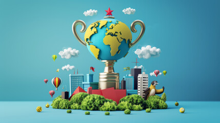 Global Achievement Trophy with Buildings, Clouds and Hot Air Balloons on Blue Background