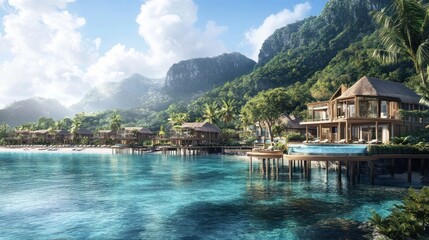 Naklejka premium Luxury Tropical Getaway: Overwater Bungalows and Villas in a Secluded Paradise