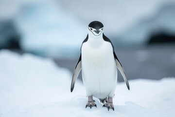 Chinstrap penguin stands proudly on ice in Antarctica during the cold season, showcasing its distinctive features in a stunning natural environment