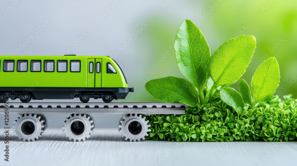 Poster green train model on track beside lush green plants symbolizes sustainable urban transit