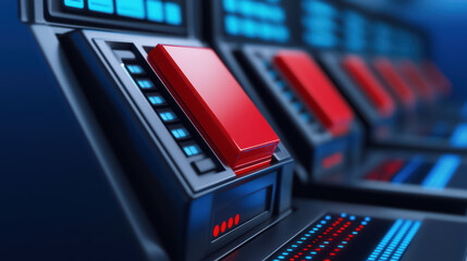 Fototapeta premium Interactive control panel with red buttons and illuminated displays