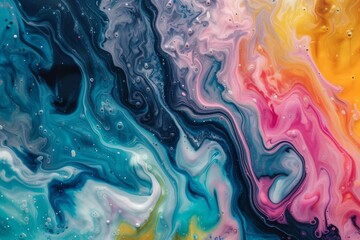 Obraz premium A vivid blend of blues, pinks, and yellows creates a mesmerizing liquid pattern, resembling a vibrant abstract painting in an artistic environment